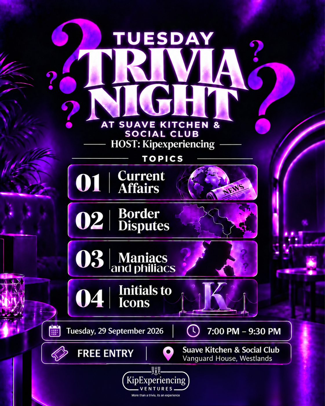 WESTLANDS: Trivia Night 29th September