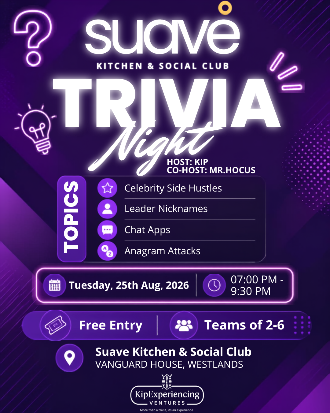 WESTLANDS;Trivia Night 25th Aug