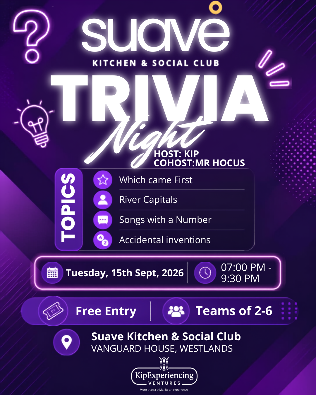 WESTLANDS: Trivia Night 15th SEP