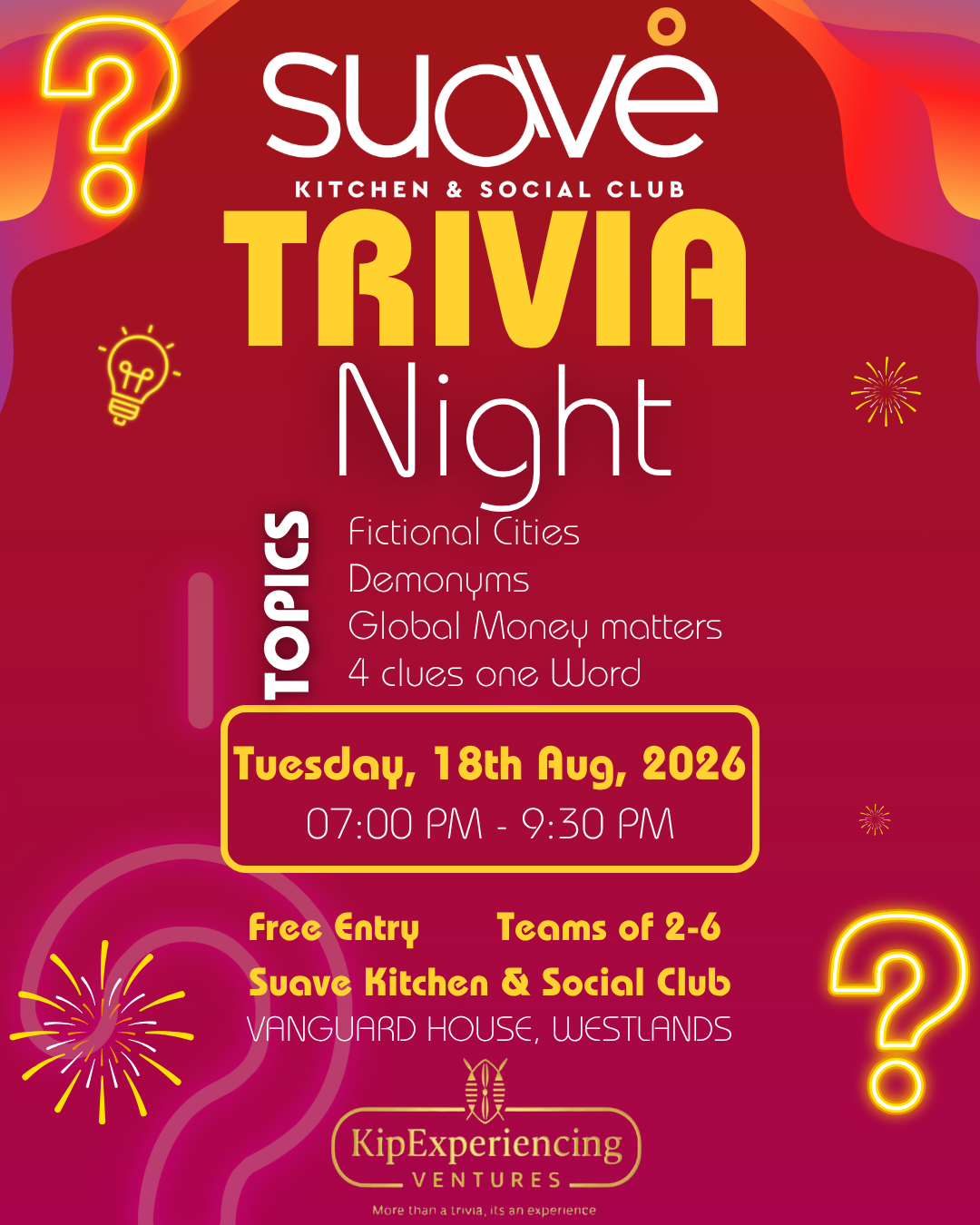 WESTLANDS: Trivia Night At Suave 18th Aug